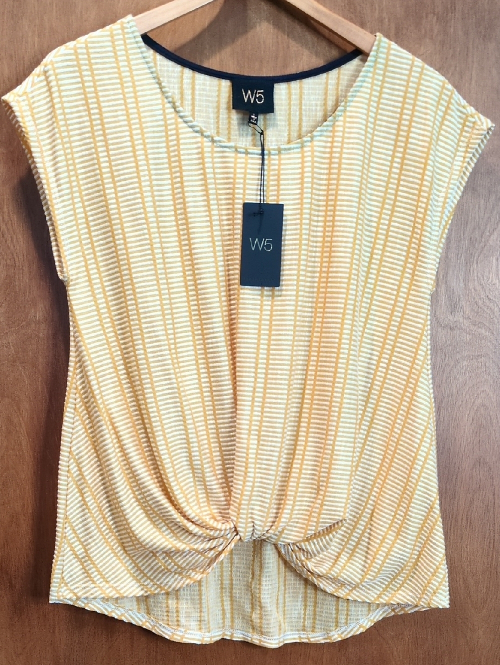 W5 Yellow Striped Twist-Front Cap Sleeve Tee Size L